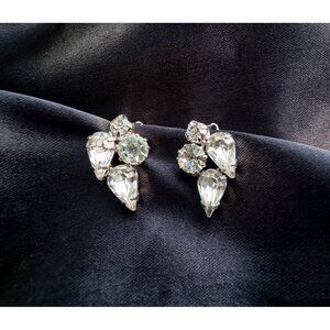 Vintage WEISS Signed 1950s Shining Sparkling Clear Rhinestones Flower Earrings C